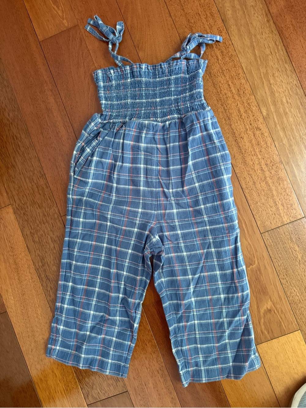 Tea Collection Blue Plaid Smocked Romper with Tie Straps